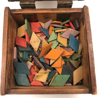 SOLD Antique Hinged Wooden Box Filled with Small Wooden Parquetry Tiles