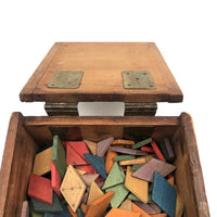SOLD Antique Hinged Wooden Box Filled with Small Wooden Parquetry Tiles