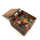 SOLD Antique Hinged Wooden Box Filled with Small Wooden Parquetry Tiles