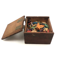 SOLD Antique Hinged Wooden Box Filled with Small Wooden Parquetry Tiles