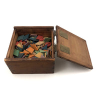 SOLD Antique Hinged Wooden Box Filled with Small Wooden Parquetry Tiles
