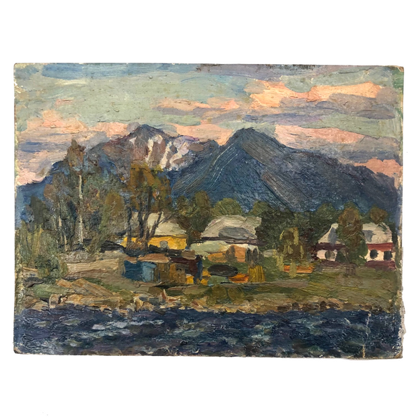 Chaloi Leonty Small Oil on Cardboard of Houses Between Mountains and Sea