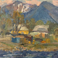 Chaloi Leonty Small Oil on Cardboard of Houses Between Mountains and Sea