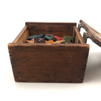 SOLD Antique Hinged Wooden Box Filled with Small Wooden Parquetry Tiles