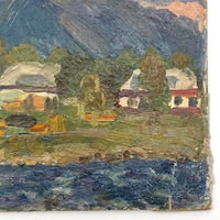 Chaloi Leonty Small Oil on Cardboard of Houses Between Mountains and Sea