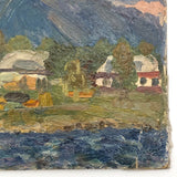 Chaloi Leonty Small Oil on Cardboard of Houses Between Mountains and Sea