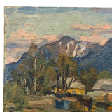 Chaloi Leonty Small Oil on Cardboard of Houses Between Mountains and Sea