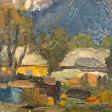 Chaloi Leonty Small Oil on Cardboard of Houses Between Mountains and Sea