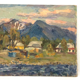Chaloi Leonty Small Oil on Cardboard of Houses Between Mountains and Sea