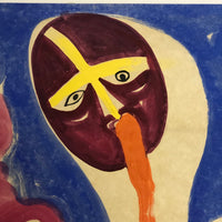 Surreal Tempera or Gouache on Paper Painting with Two Figures