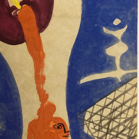 Surreal Tempera or Gouache on Paper Painting with Two Figures