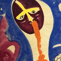 Surreal Tempera or Gouache on Paper Painting with Two Figures
