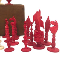 19th Century Chinese Export Carved Bone Chess Set, Complete in Original Box