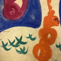 Surreal Tempera or Gouache on Paper Painting with Two Figures