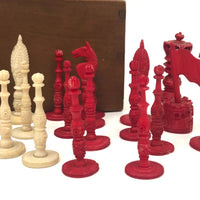 19th Century Chinese Export Carved Bone Chess Set, Complete in Original Box