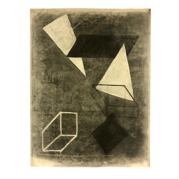 Mid-Century Gray Scale Geometric Forms Charcoal Drawing