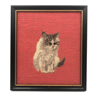 Shy Petit Point Kitten with Pink Needlepoint Ground