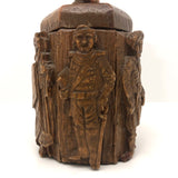 Crazy Carved Wooden Canister with Six Figures and Head on Top!