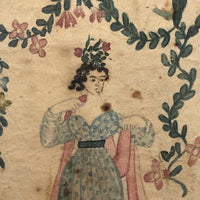 Wonderful Early 19th C. Small Watercolor Portrait of Woman with Flowers
