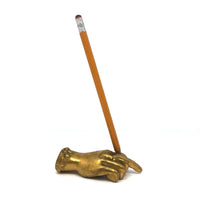 Old Solid Brass Pointing Hand Paperweight and Pen Holder