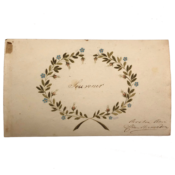 Antique French Watercolor "Souvenir" Wreath