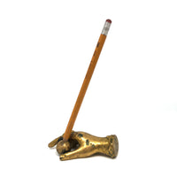 Old Solid Brass Pointing Hand Paperweight and Pen Holder