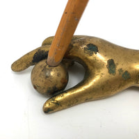 Old Solid Brass Pointing Hand Paperweight and Pen Holder