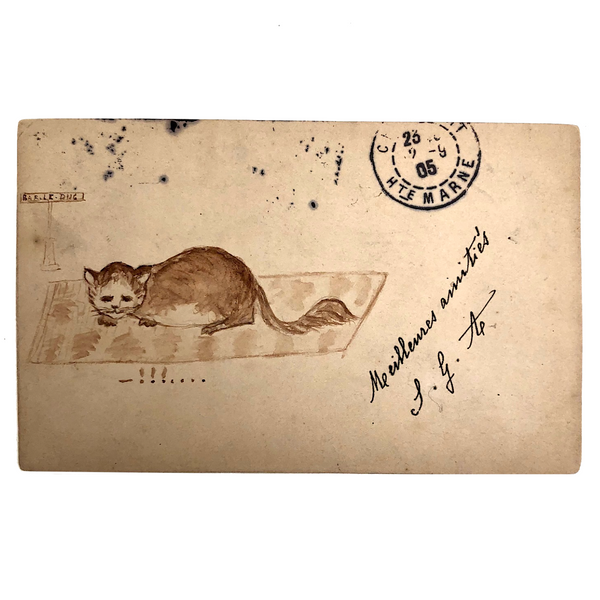 French Cat on Rug Antique Ink Drawn Postcard