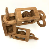 Giant Old Carved Pine Triple Ball in Cage Whimsy