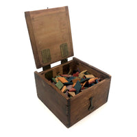 SOLD Antique Hinged Wooden Box Filled with Small Wooden Parquetry Tiles
