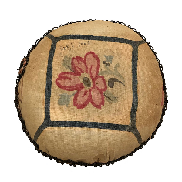 Old Printed Linen and Lace "Get Hot" Pin Cushion