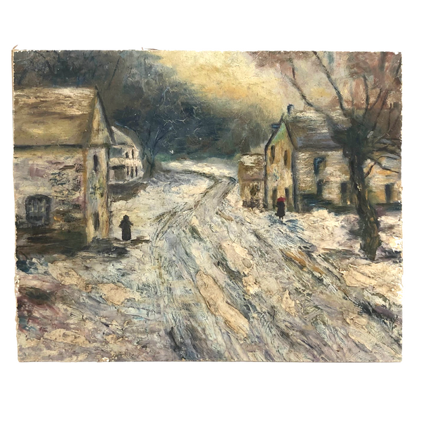 Red Hat on Snowy Street, Antique Painting with Heavy Impasto on Academy Board