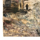 Red Hat on Snowy Street, Antique Painting with Heavy Impasto on Academy Board