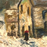 Red Hat on Snowy Street, Antique Painting with Heavy Impasto on Academy Board