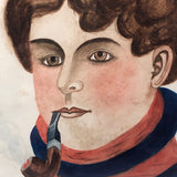 Young Man in Striped Turtleneck with Billowing Pipe Old Watercolor, Framed