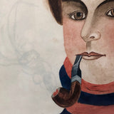 Young Man in Striped Turtleneck with Billowing Pipe Old Watercolor, Framed