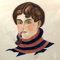 Young Man in Striped Turtleneck with Billowing Pipe Old Watercolor, Framed