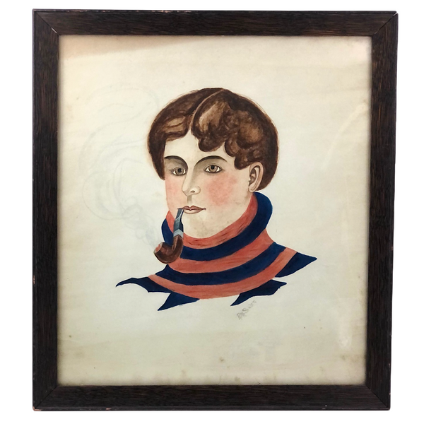 Young Man in Striped Turtleneck with Billowing Pipe Old Watercolor, Framed