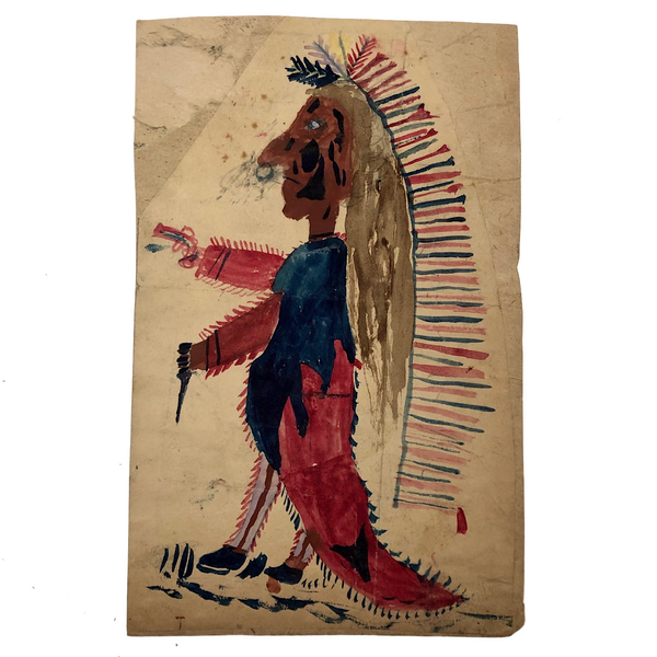 Marvelous Antique Folk Art Indian Chief Watercolor Drawing