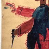 Marvelous Antique Folk Art Indian Chief Watercolor Drawing