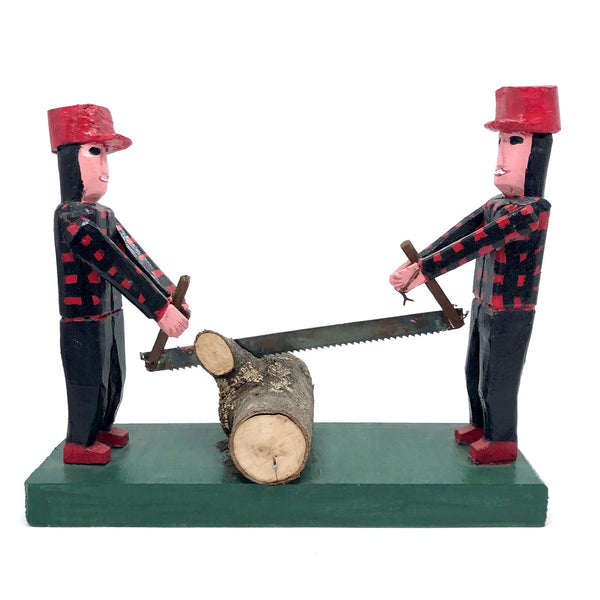 Emile Bluteau Lumberjack Twins Sawing Log Folk Art Sculpture