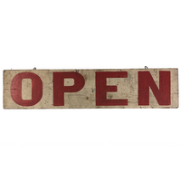 Hand-Painted, Double-Side Old Red and White Wooden OPEN Sign, 33 Inches