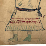 Antique Folk Art Watercolor Drawing of Fancy Woman with Bustle Skirt