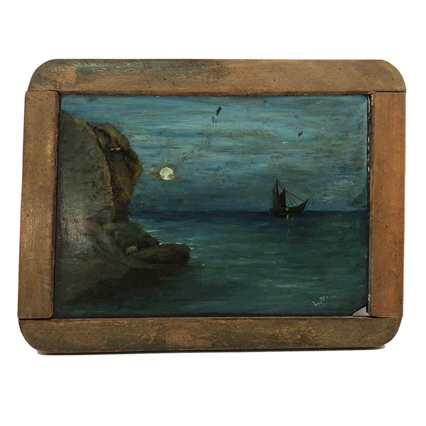 Double-sided Painting On School Slate: Seascape + Board on Fence