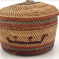 Very Fine Little Makah-Nuu-chah-nulth Lidded Basket with Whalers in Boat