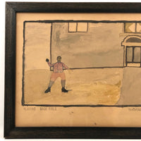Playing Baseball, Marvelous Naive Watercolor Drawing Signed Thomas Dunn