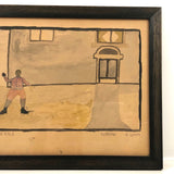 Playing Baseball, Marvelous Naive Watercolor Drawing Signed Thomas Dunn