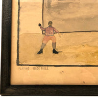 Playing Baseball, Marvelous Naive Watercolor Drawing Signed Thomas Dunn