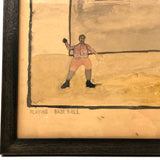 Playing Baseball, Marvelous Naive Watercolor Drawing Signed Thomas Dunn