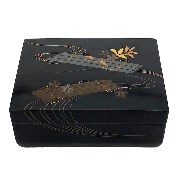 Japanese Lacquer Box With Silver, Gold and Copper Raft and Flower Design